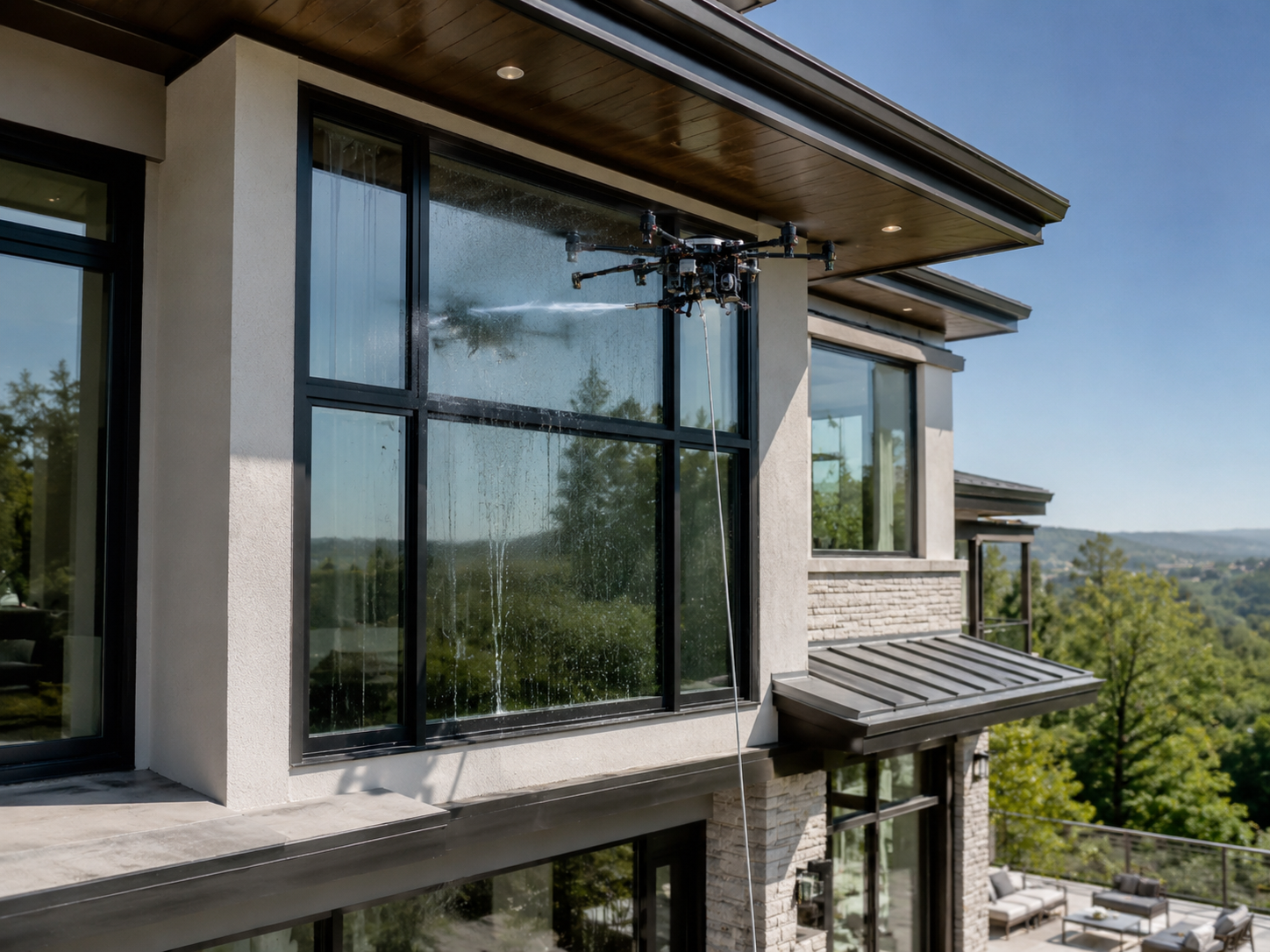 SkyWashWindow drone cleaning upper-floor exterior windows on a modern home
