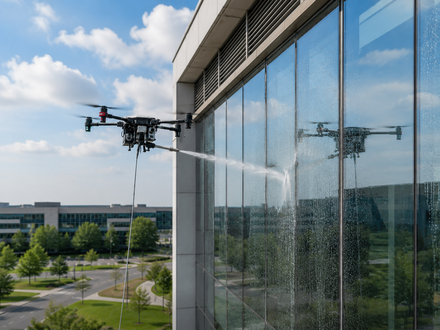 SkyWashWindow drone cleaning a modern commercial glass façade