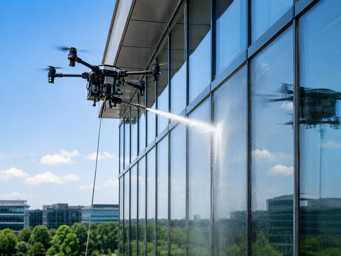 Drone-powered purified-water cleaning on upper-floor exterior glass