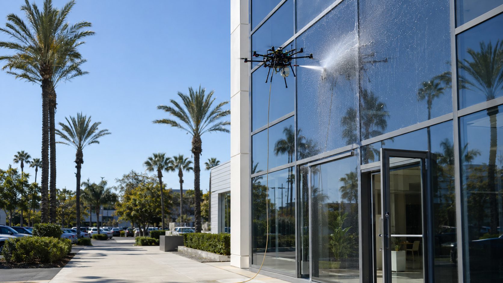 SkyWashWindow drone washing the glass exterior of a modern office building