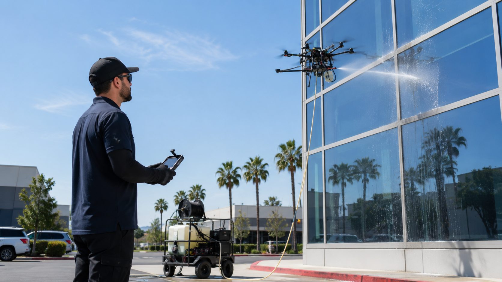 SkyWashWindow pilot on the ground with a controller, flying the cleaning drone alongside the deionized-water rig